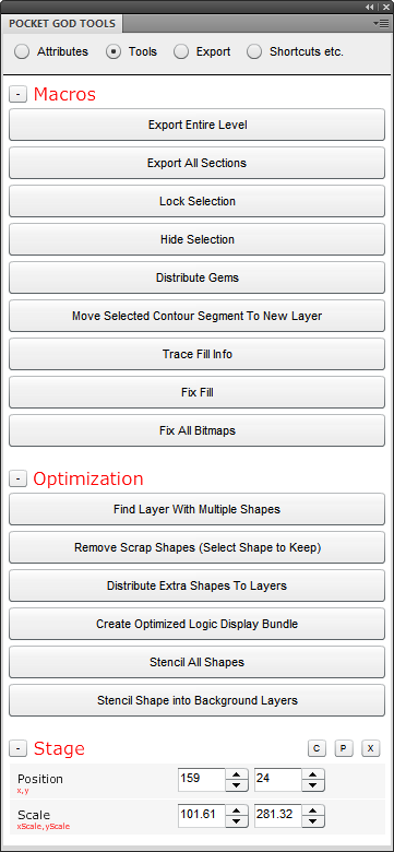 The Pocket God Tools SWF panel, showing the Tools sub panel